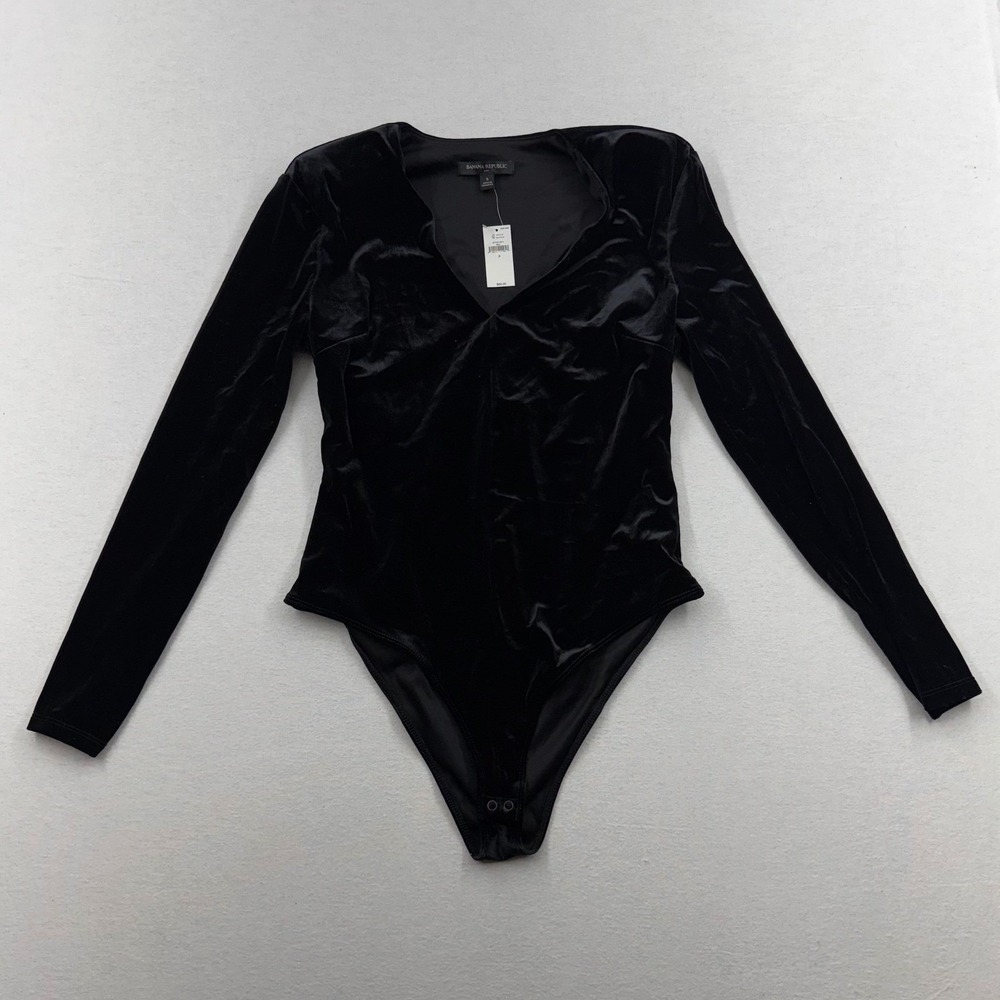 Banana Republic Velvet Long Sleeve V‎ Neck Black Bodysuit S Party Whimsigoth NWT